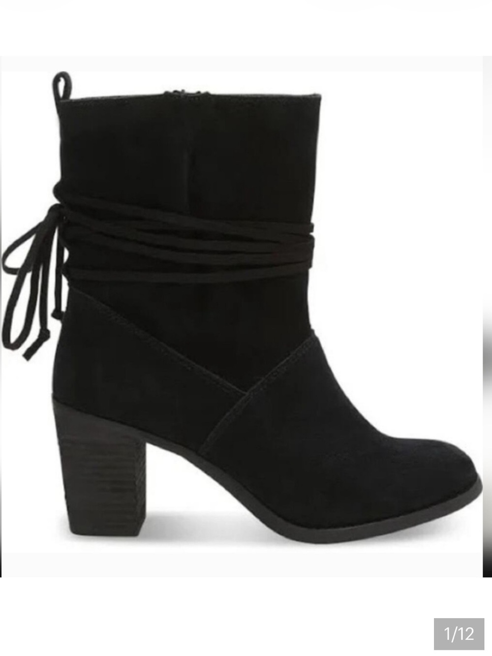Toms Black Suede Wrap-Around Lace Block Heel Ankle Boots